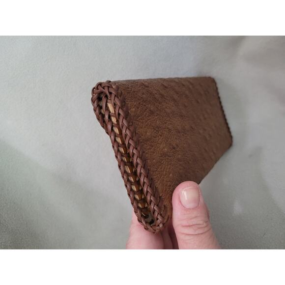 Leather Suede Trifold Wallet Side Stitch Ostrich Woven Edge - Picture 10 of 12